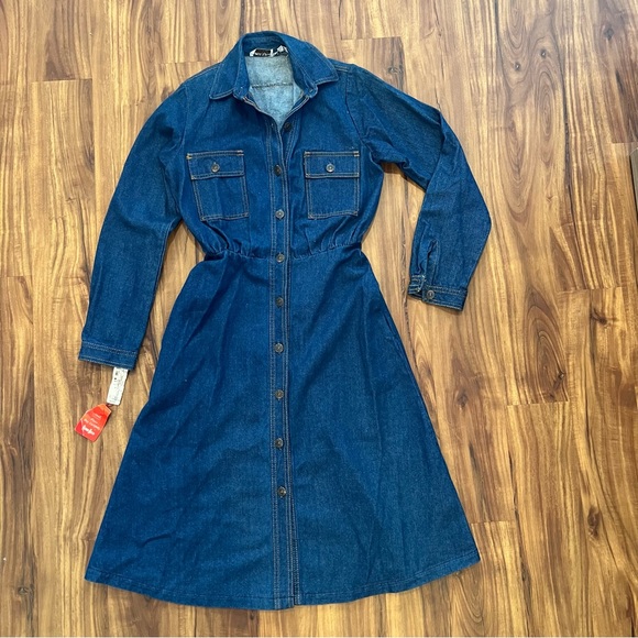NEIMAN MARCUS denim dress button front elastic waist deadstock NWT sz 9 VINTAGE - Picture 1 of 10